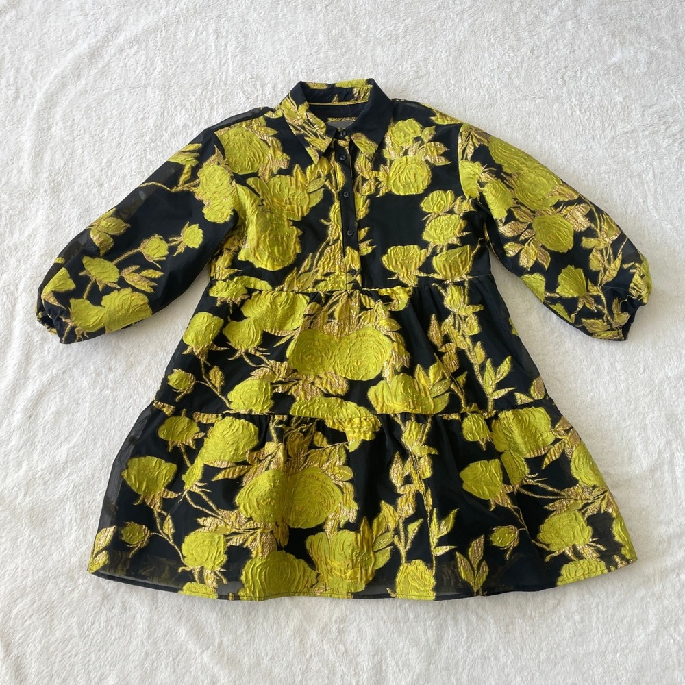 Anthropologie Bettina Jacquard Tiered Mini Shirt Dress Black Gold Floral Medium - Picture 2 of 12